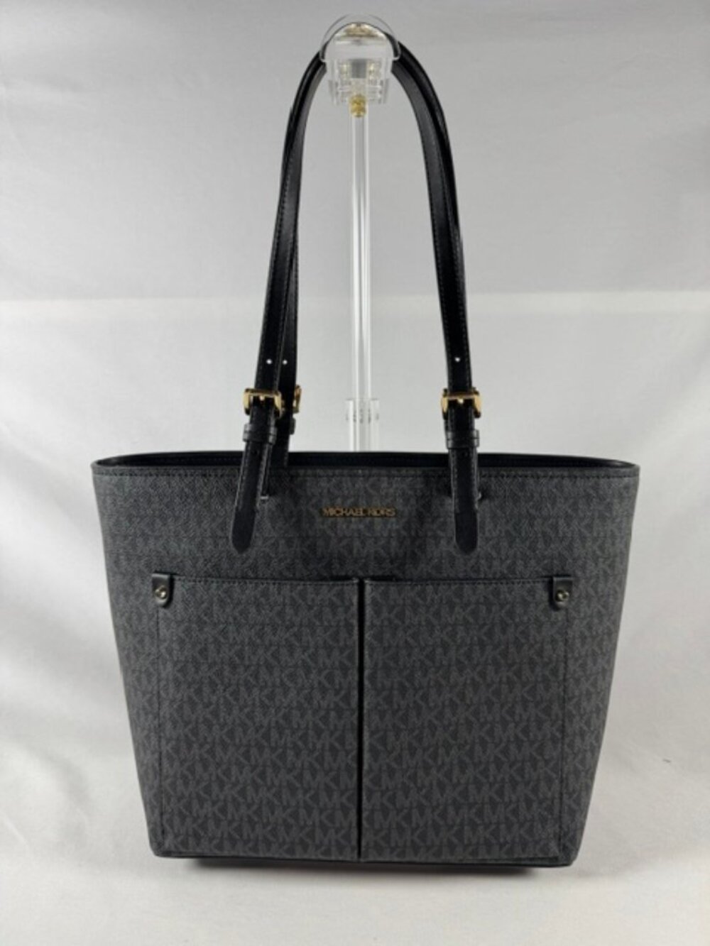 NEW Michael Kors Jet Set Medium Logo Pocket Tote, Black Signature Canvas NWT